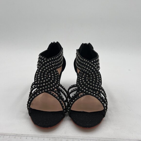 YDN Black Wedge Glitter Open Toe Rhinestones Cross Over Straps Mid Heel Sandals - Picture 3 of 8